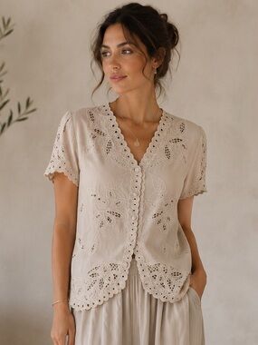 Vintage YAYA Embroidered Eyelet Blouse taupe beige neutral
